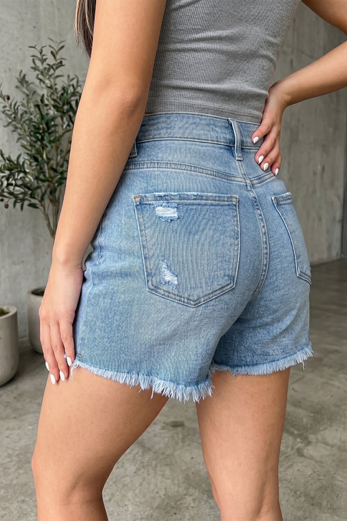 *Beau Blue Asymmetric Raw Hem Distressed Whiskery Denim Shorts