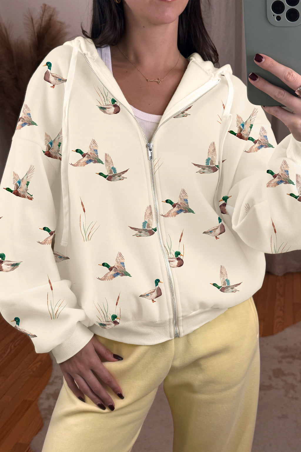 *Beige Cozy Duck Print Zip-Up Hoodie