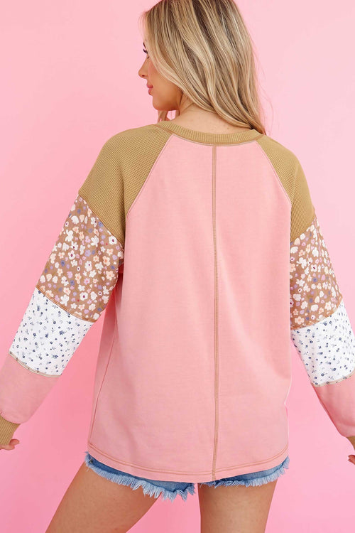 *Apricot Pink Color Block Floral Waffle Mixed Patchwork Long Sleeve Top