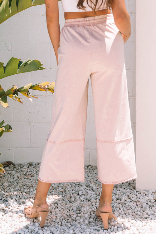 *Pink Flower Patch Mineral Washed Terry Knit Cropped Wide Leg Pants