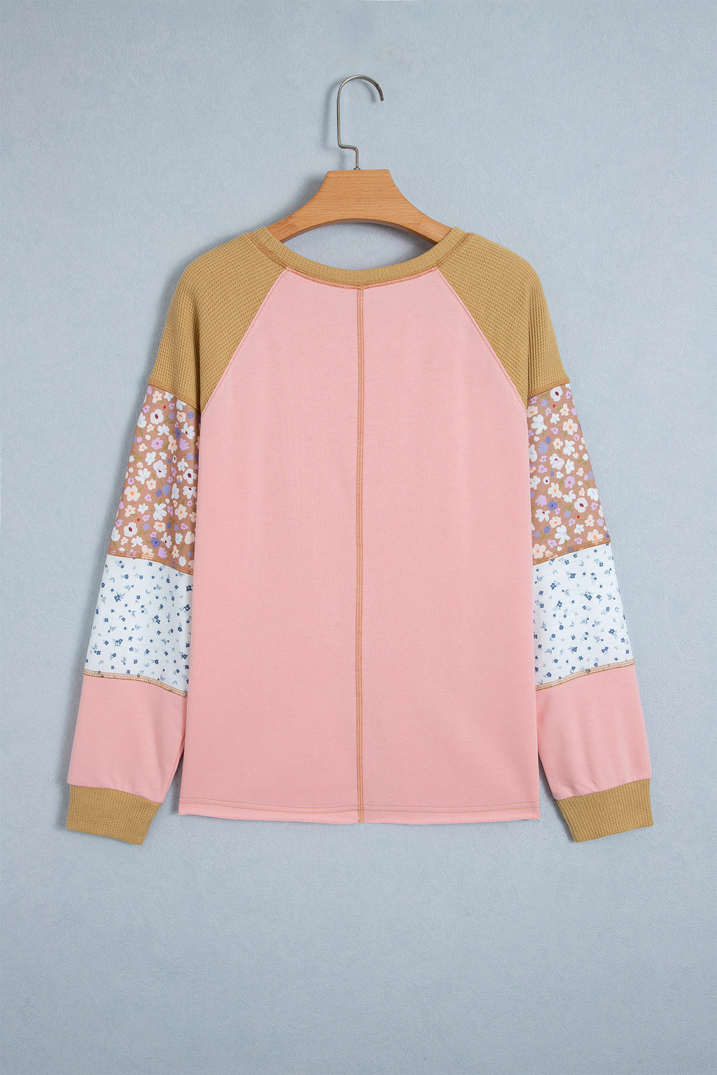 *Apricot Pink Color Block Floral Waffle Mixed Patchwork Long Sleeve Top