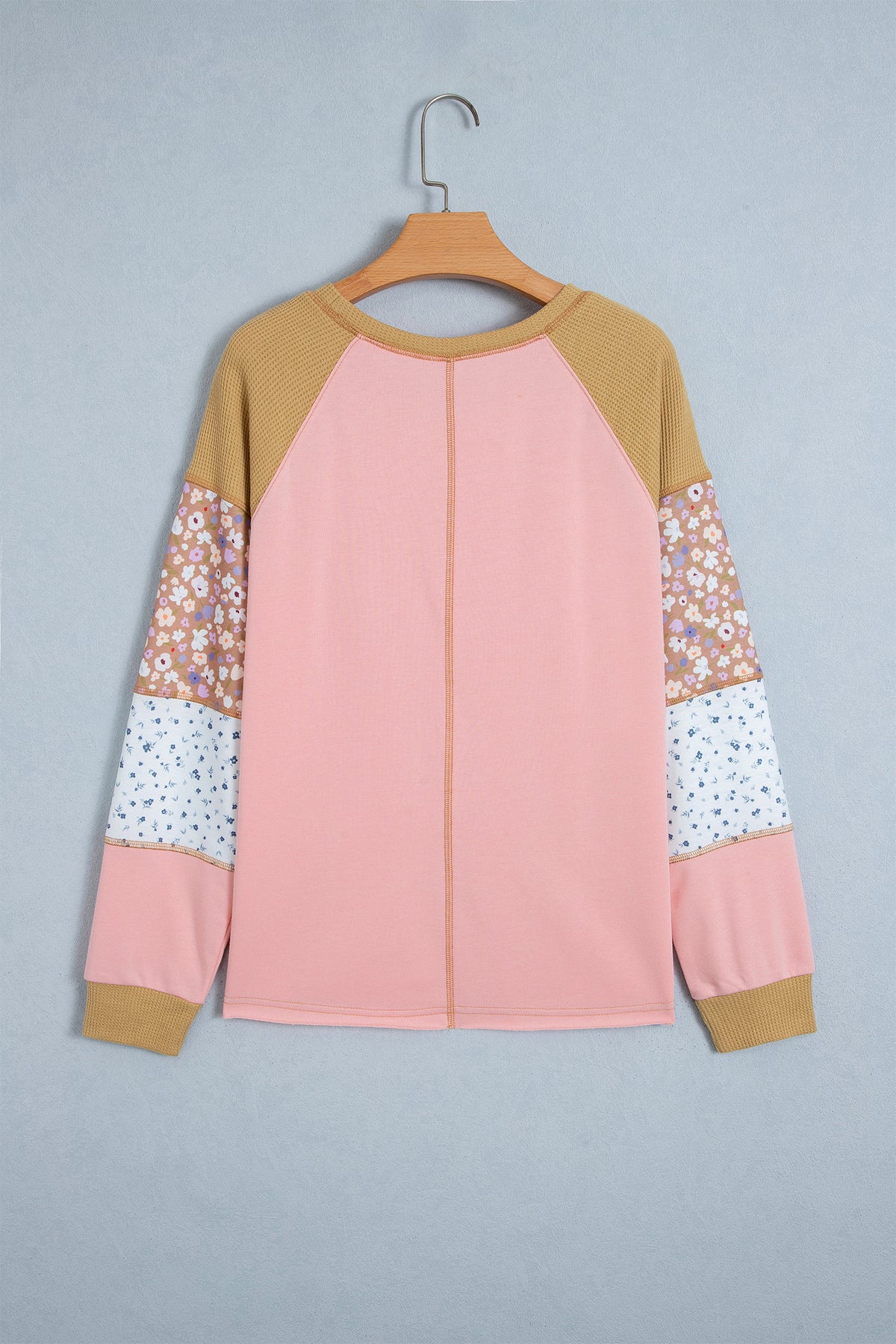 *Apricot Pink Color Block Floral Waffle Mixed Patchwork Long Sleeve Top