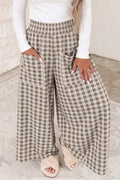 *Khaki Plaid Elastic Waist Patch Pocket Wide Leg Pants