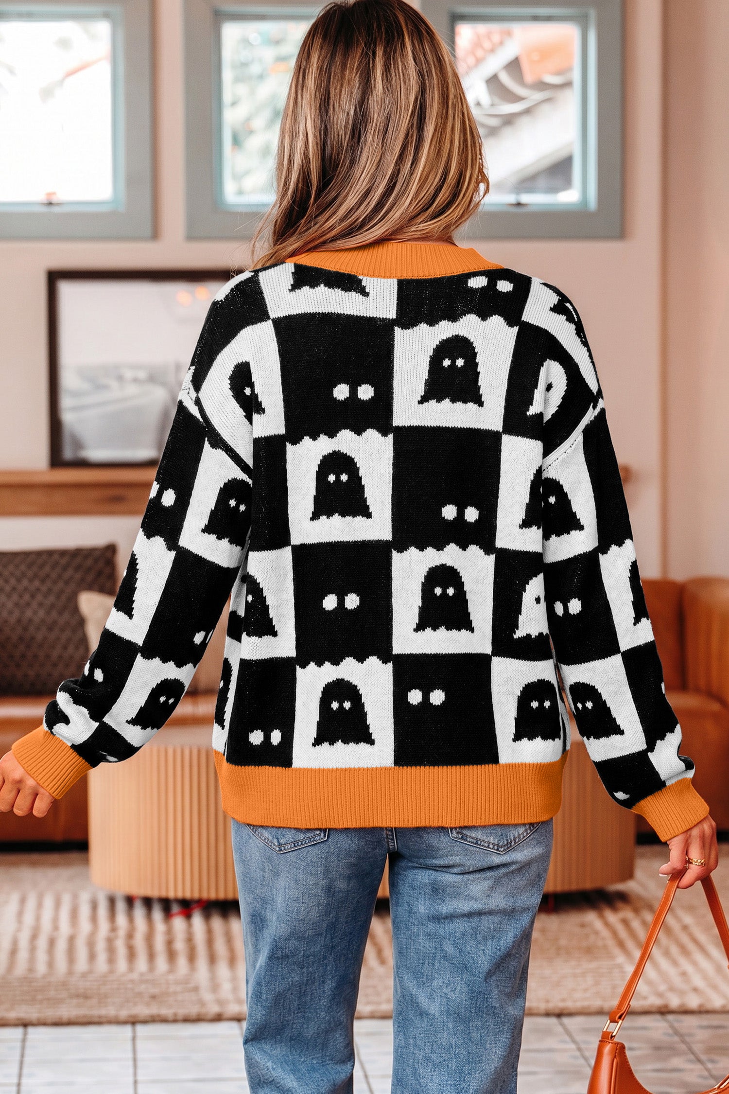 *Black Geometric Ghost Print Drop Shoulder Knit Cardigan