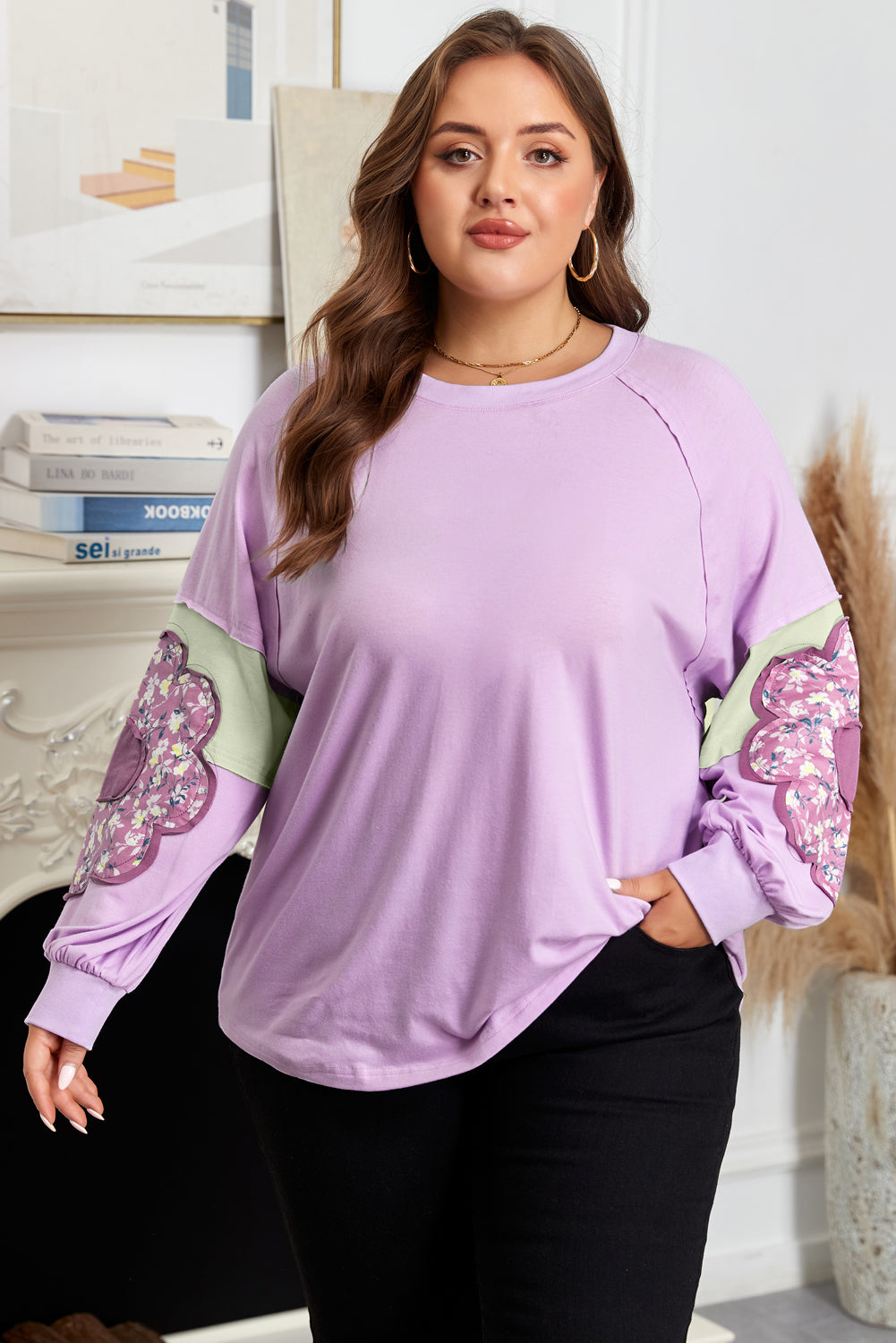 *Phalaenopsis Flower Patch Colorblock Plus Size Pullover Top