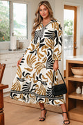 *Brown Tropical Printed Contrast Trim Neck Long Sleeve Ruffle Hem Dress
