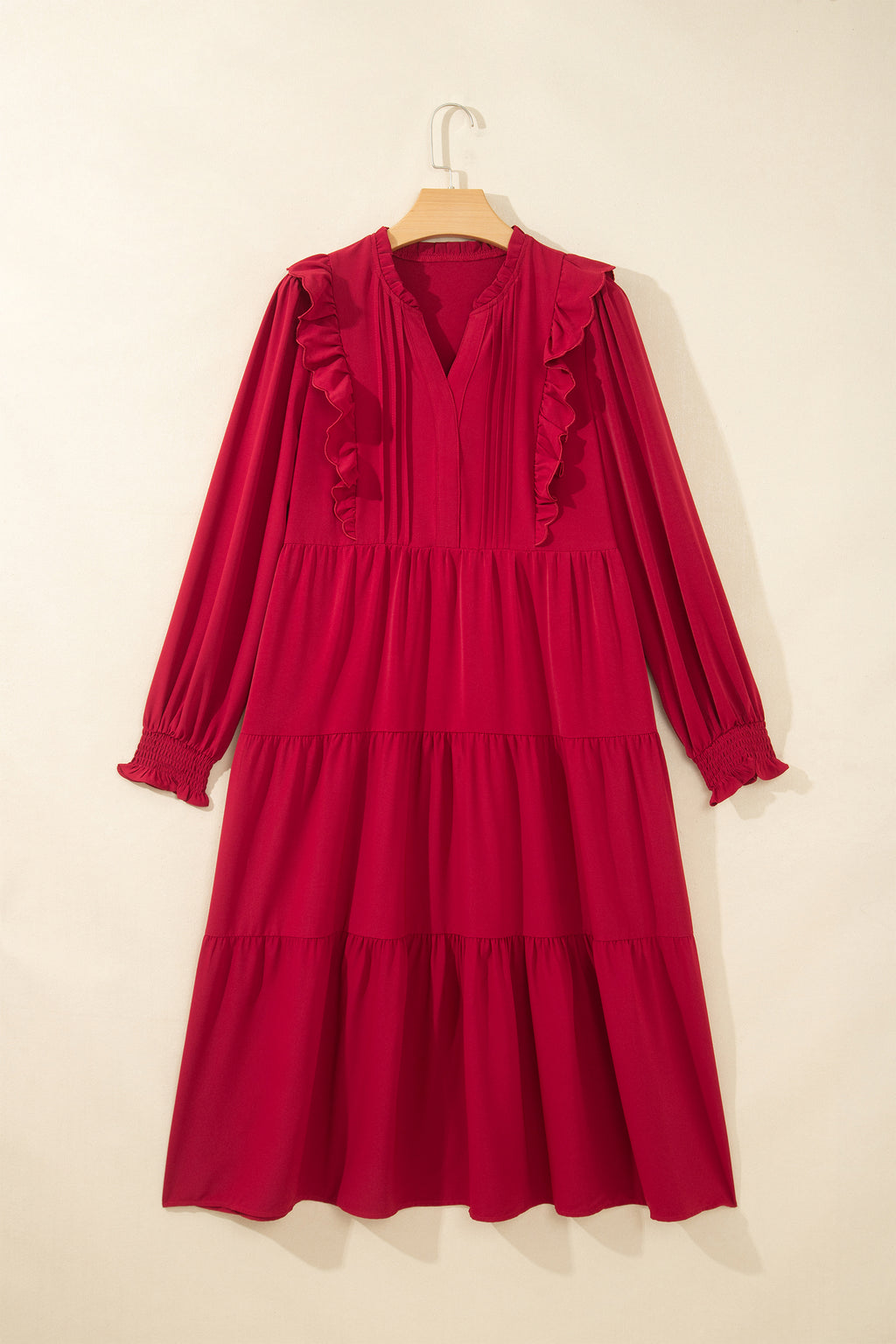 *Racing Red Solid Color Ruffle Trim Long Sleeve Tiered Shift Midi Dress