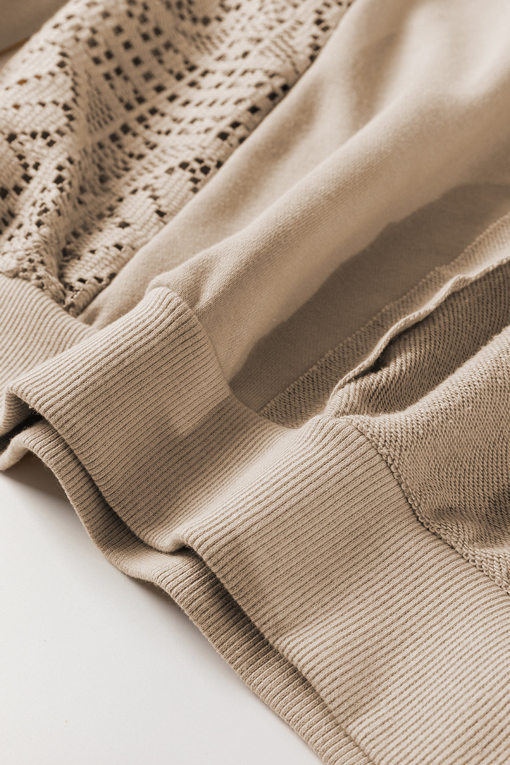 *Parchment Knit Crochet Exposed Seam Ribbed Trim Sweatshirt