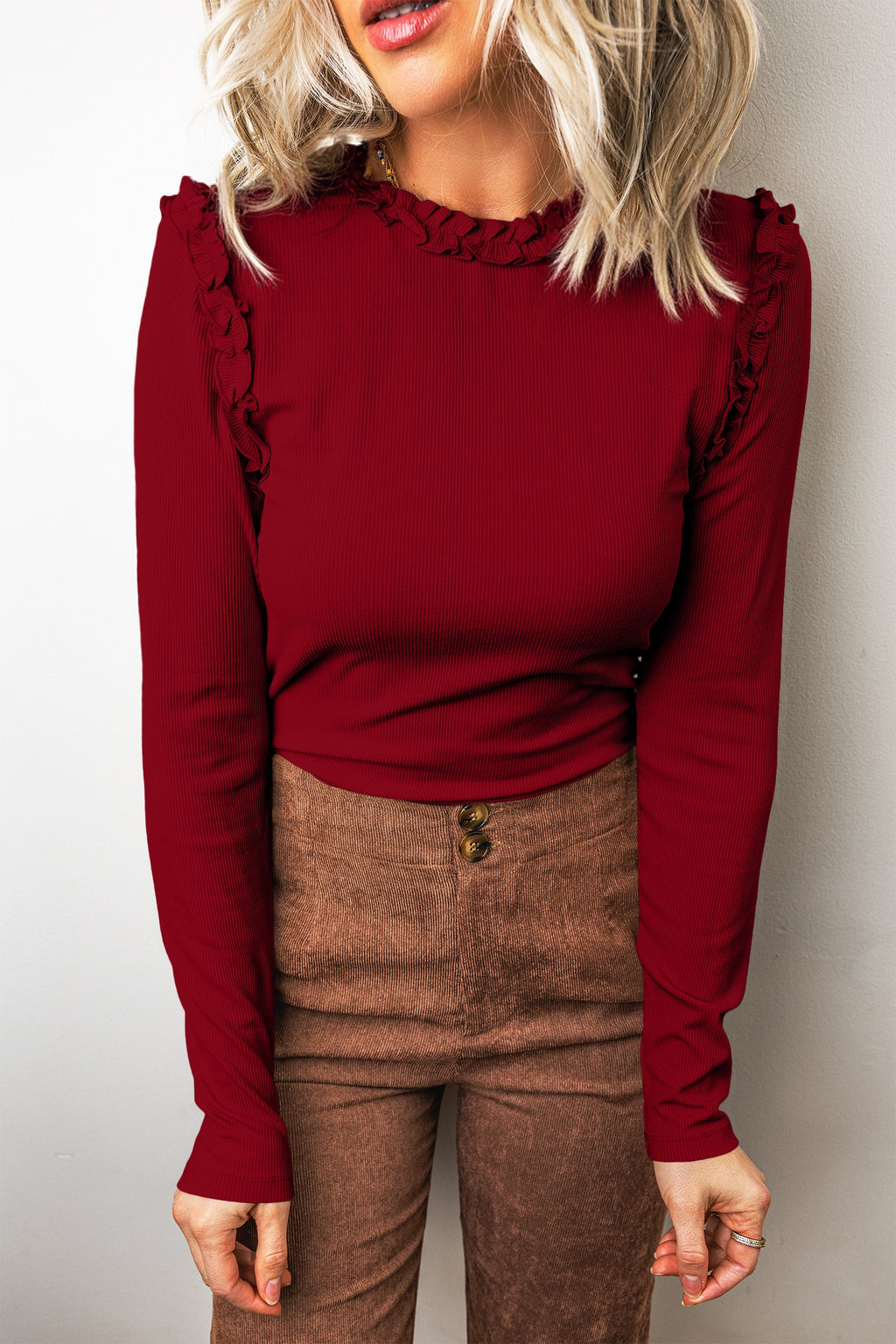 *(3 colors) Solid Color Round Neck Frill Detail Long Sleeve Top