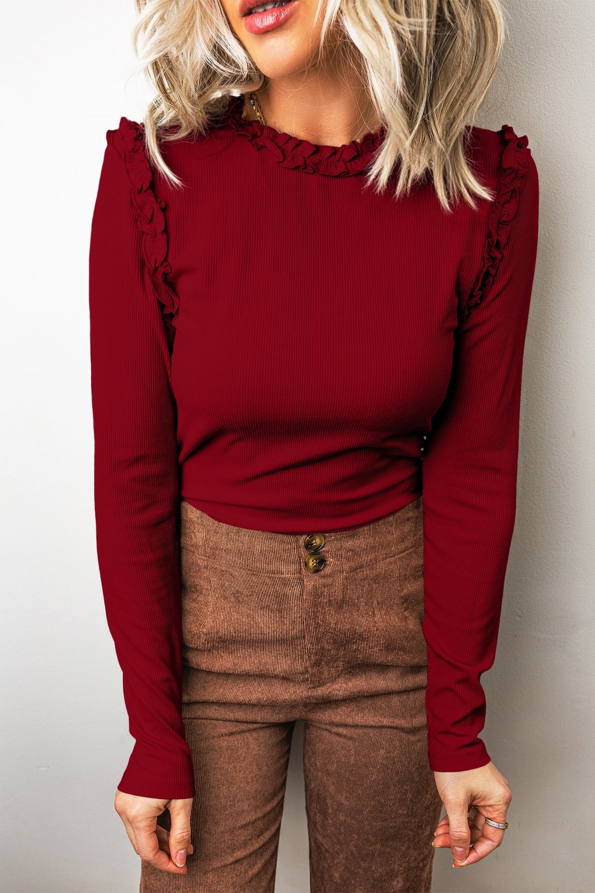 *(3 colors) Solid Color Round Neck Frill Detail Long Sleeve Top