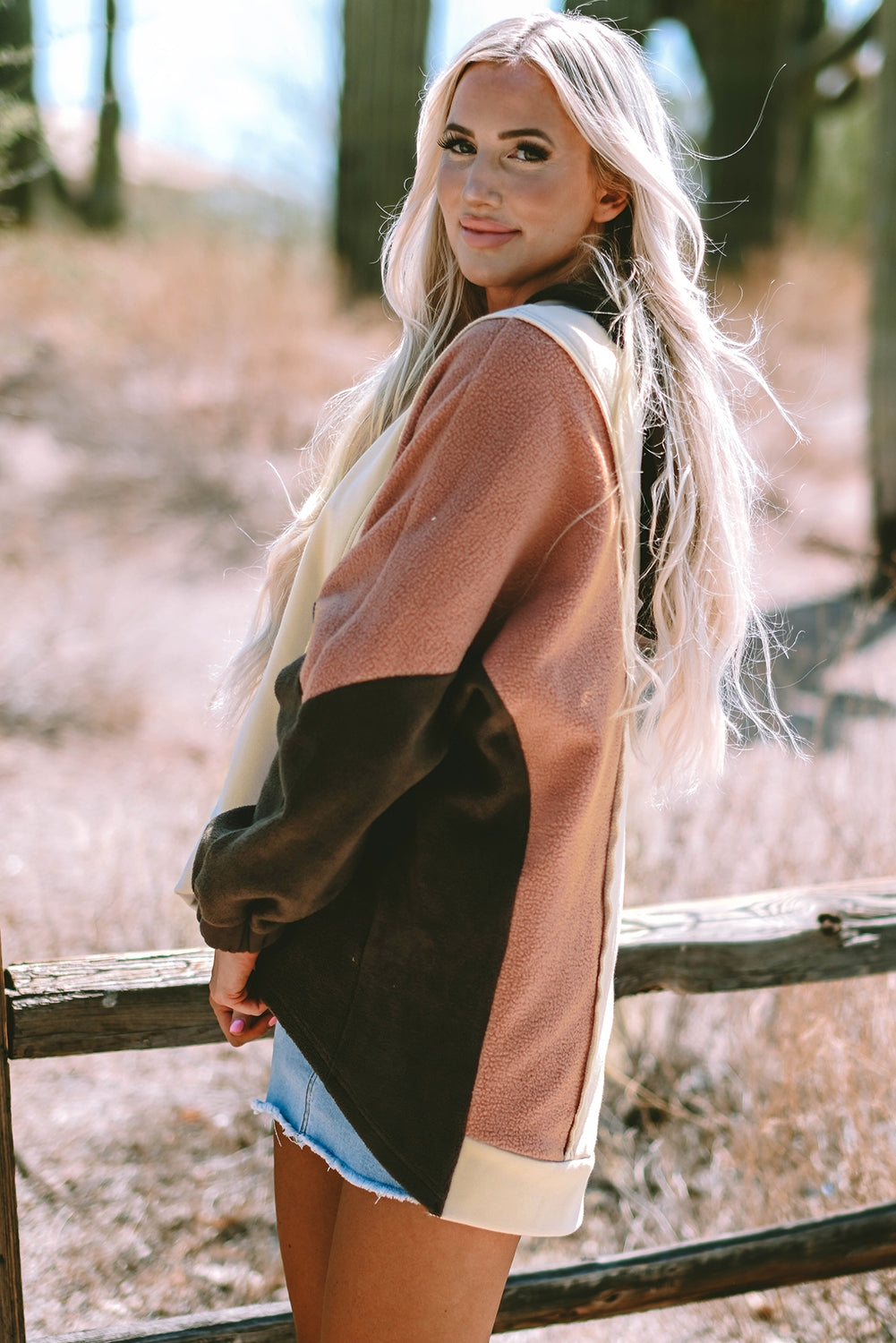 *Beige Oversized Color Block Patchwork High Low Hoodie