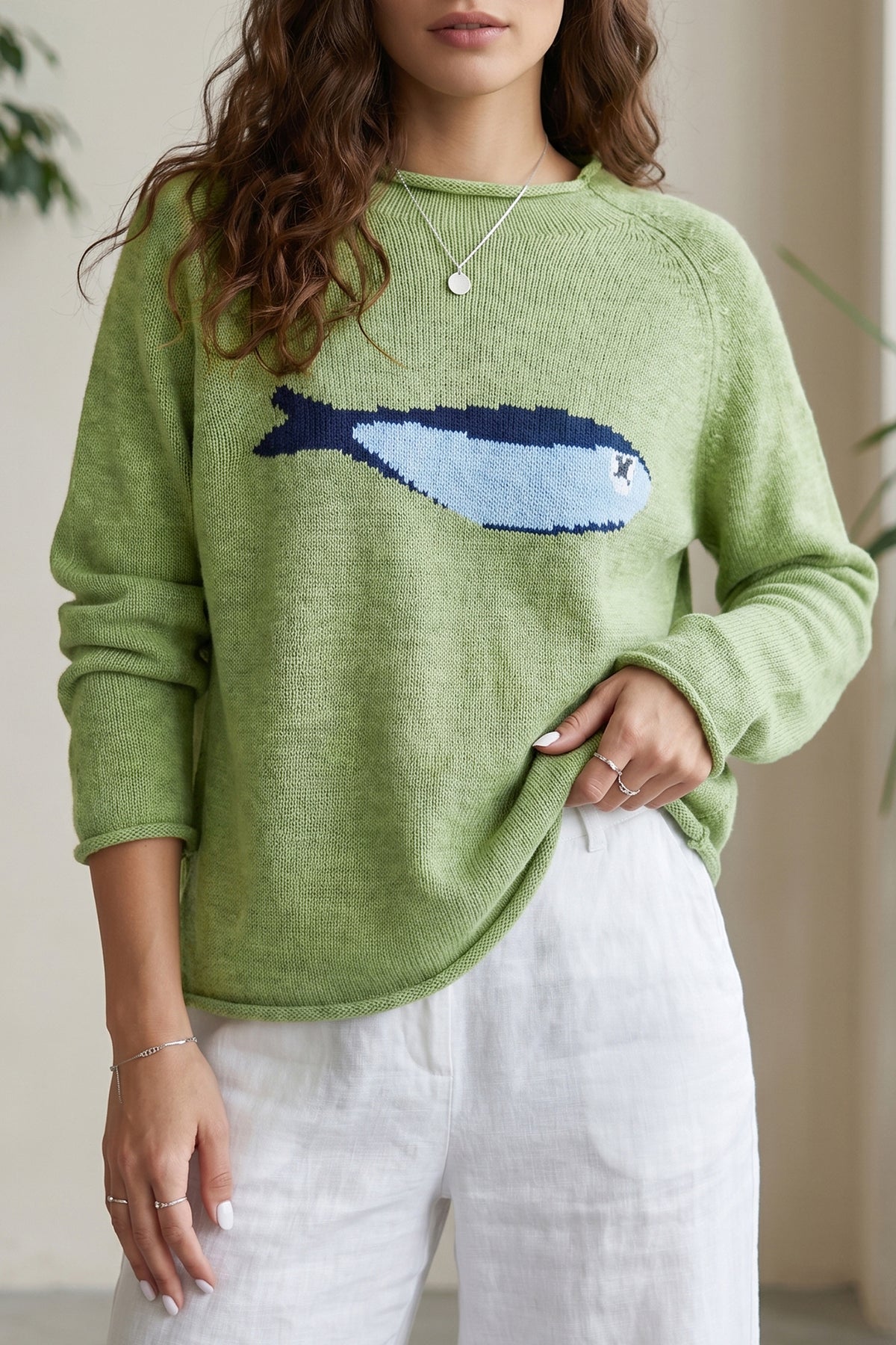 *Meadow Mist Green Unique Fish Knit Oversized Round Neck Sweater