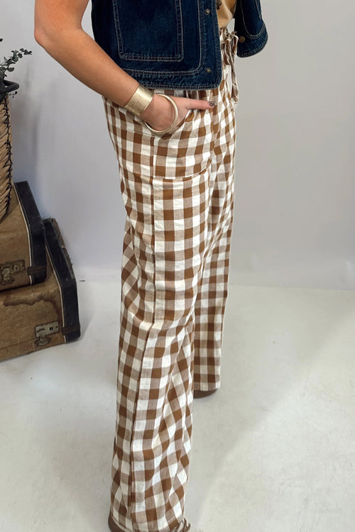 *Brown Gingham Plaid Tie Elastic Waist Shift Pants