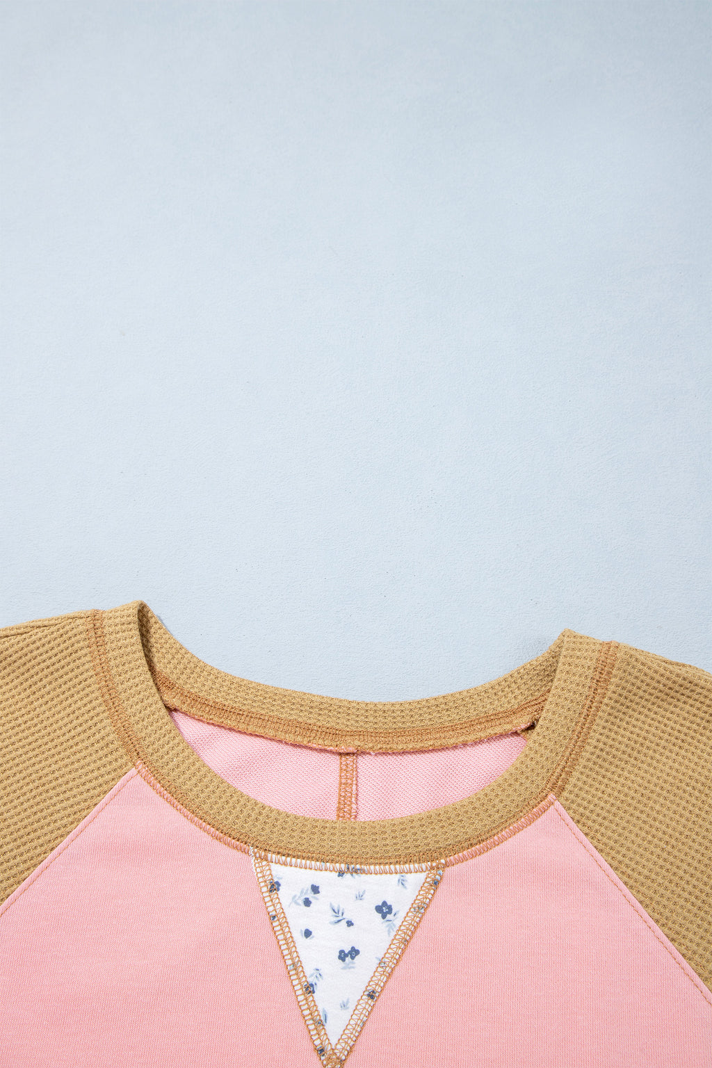 *Apricot Pink Color Block Floral Waffle Mixed Patchwork Long Sleeve Top