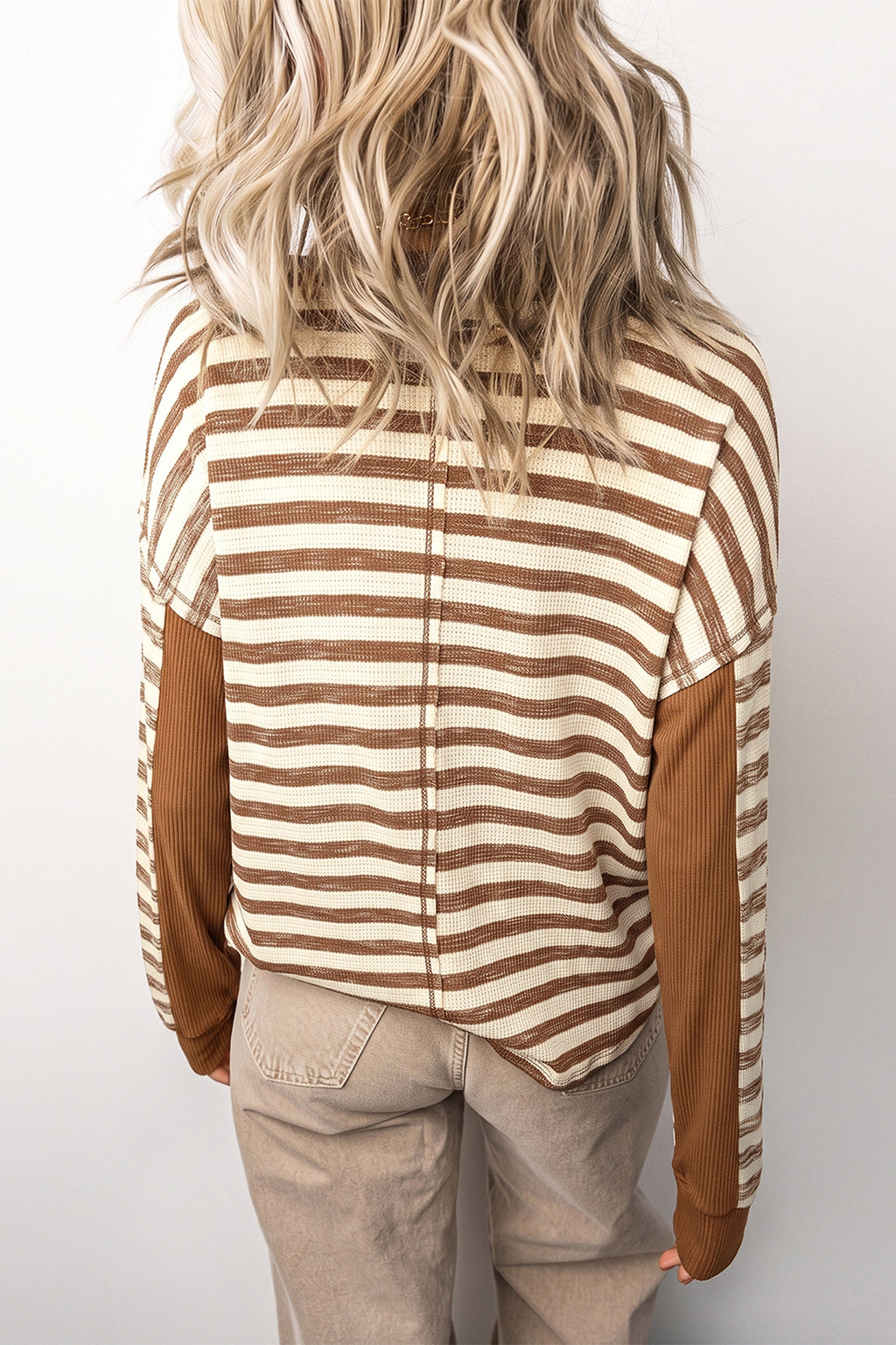 *Brown Stripe Textured Knit Color Block Trim Long Sleeve Round Neck Top