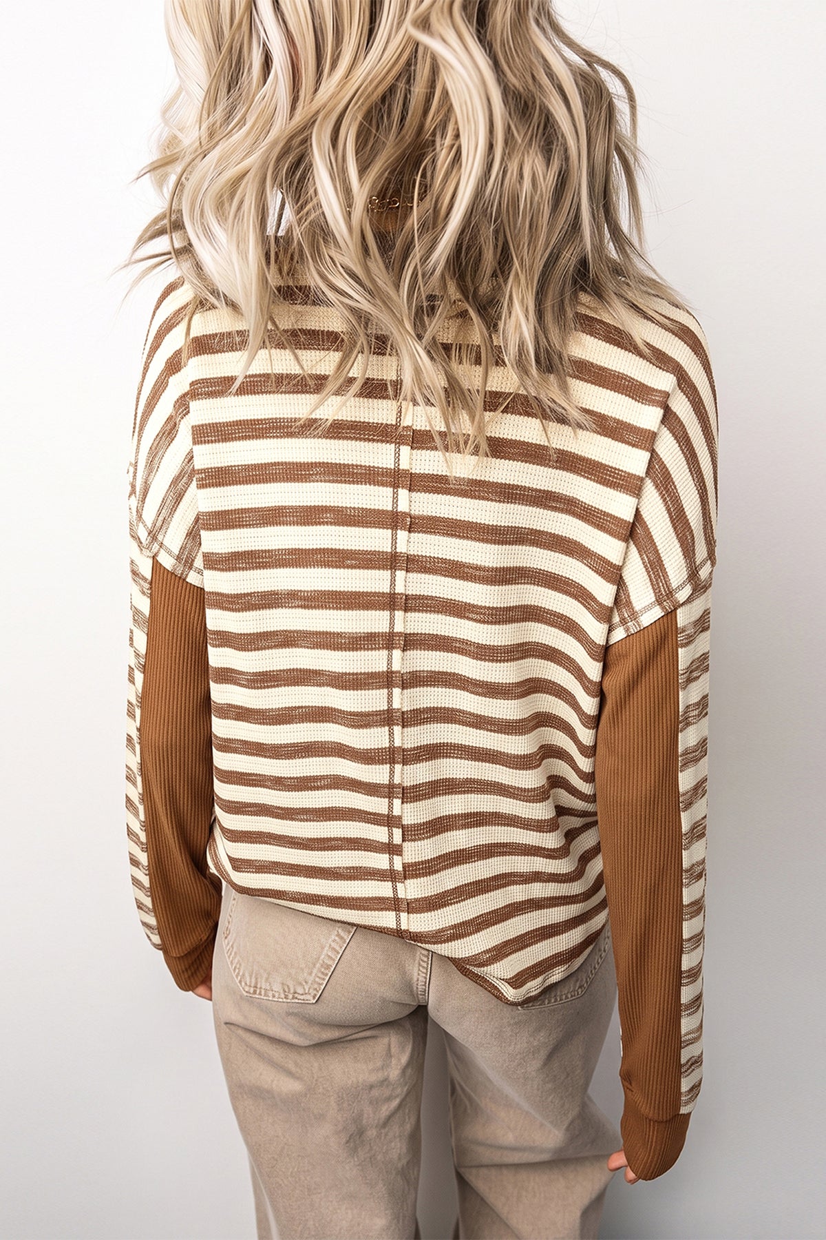 *Brown Stripe Textured Knit Color Block Trim Long Sleeve Round Neck Top