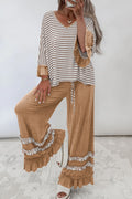 *2 colors Khaki/Gray Stripe V Neck Ruffle Contrast Sleeve Top Drawstring Pants 2pcs Set