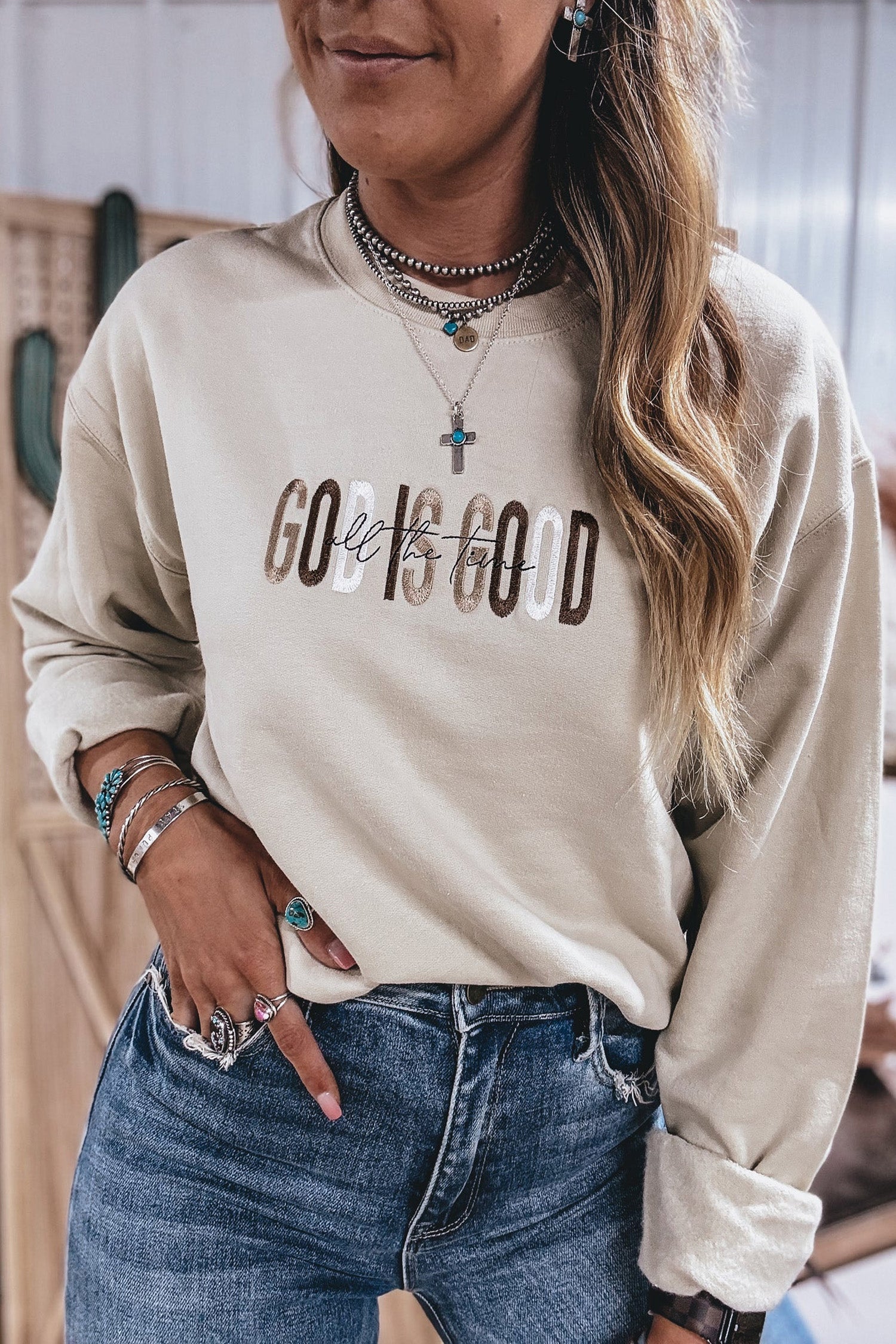 *Jet Stream GOD IS GOOD Western Embroidered Letter Crewneck Pullover Sweatshirt