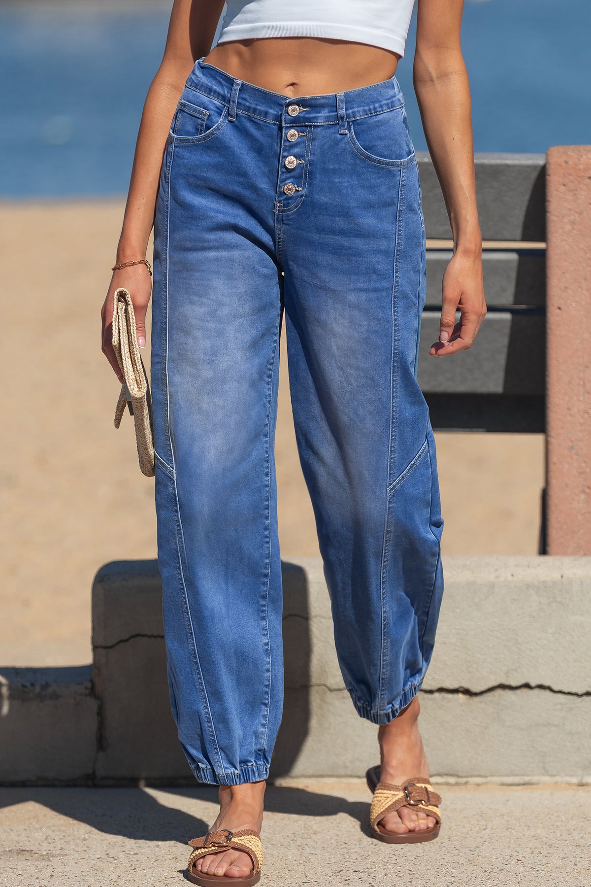 *Blue 4 Buttons Front Tapered Casual Loose Fit Jeans