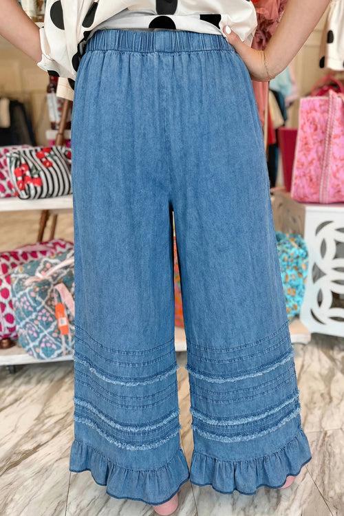 *Dusk Blue Ruffled Hem Wide Leg Chambray Pants