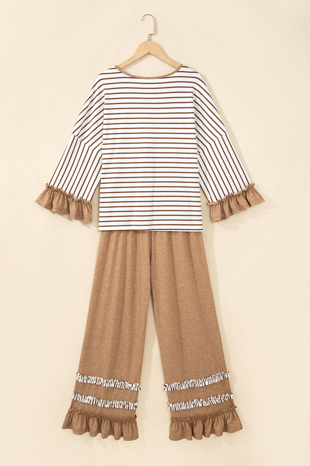 *2 colors Khaki/Gray Stripe V Neck Ruffle Contrast Sleeve Top Drawstring Pants 2pcs Set