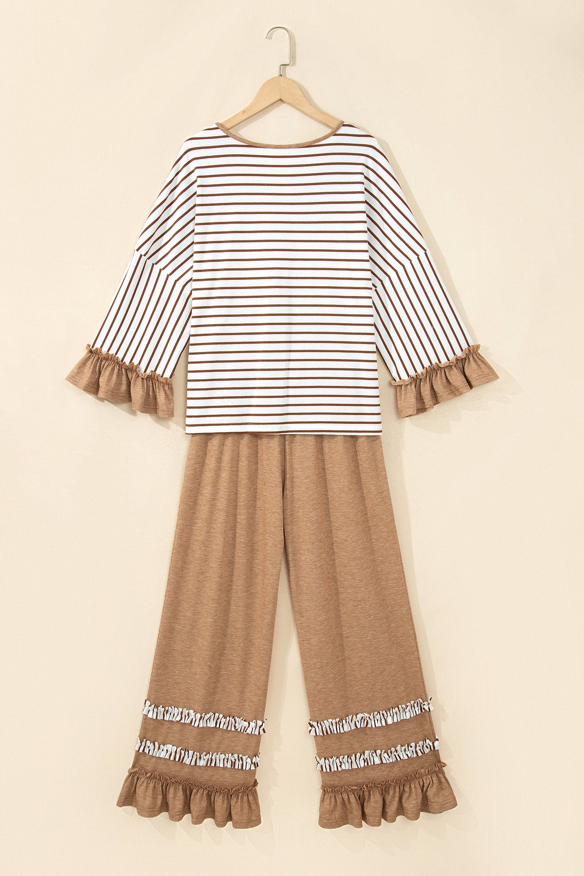 *2 colors Khaki/Gray Stripe V Neck Ruffle Contrast Sleeve Top Drawstring Pants 2pcs Set
