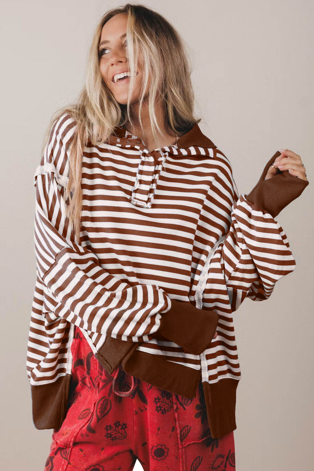 *Brown Stripe Color Block Trim Raw Seam Split Hem Loose Pullover Sweatshirt