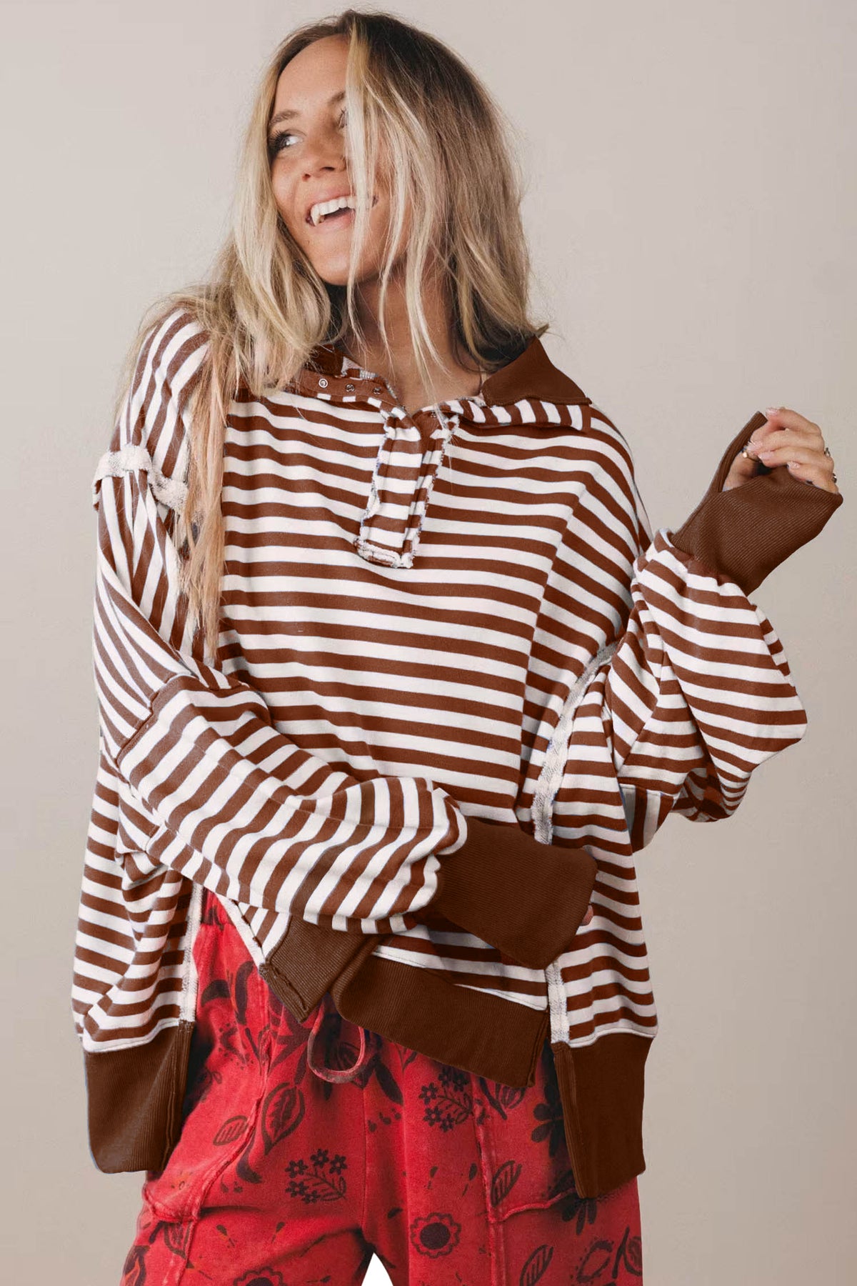 *Brown Stripe Color Block Trim Raw Seam Split Hem Loose Pullover Sweatshirt