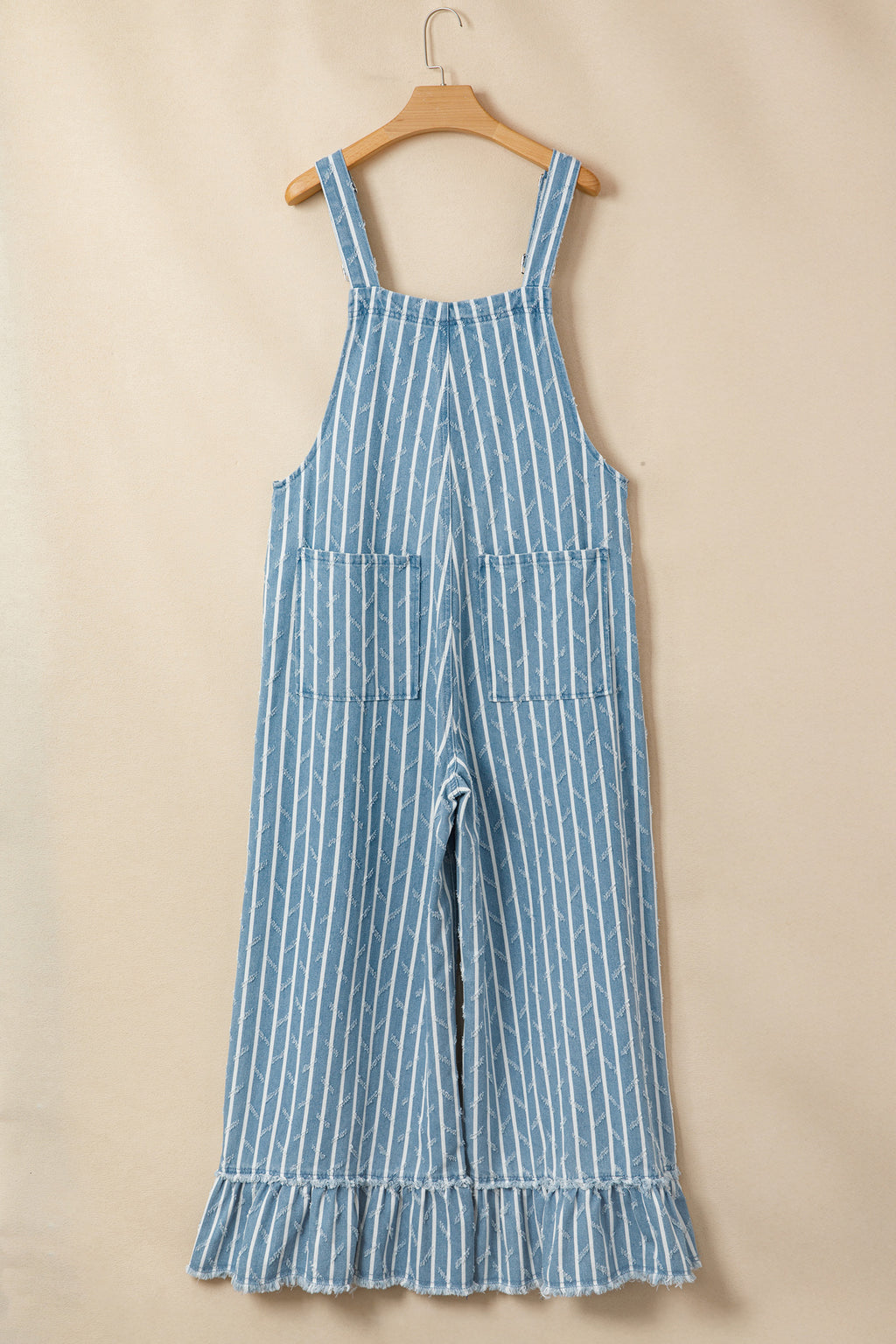 *Myosotis Striped Distressed Ruffled Wide Leg Denim Overalls