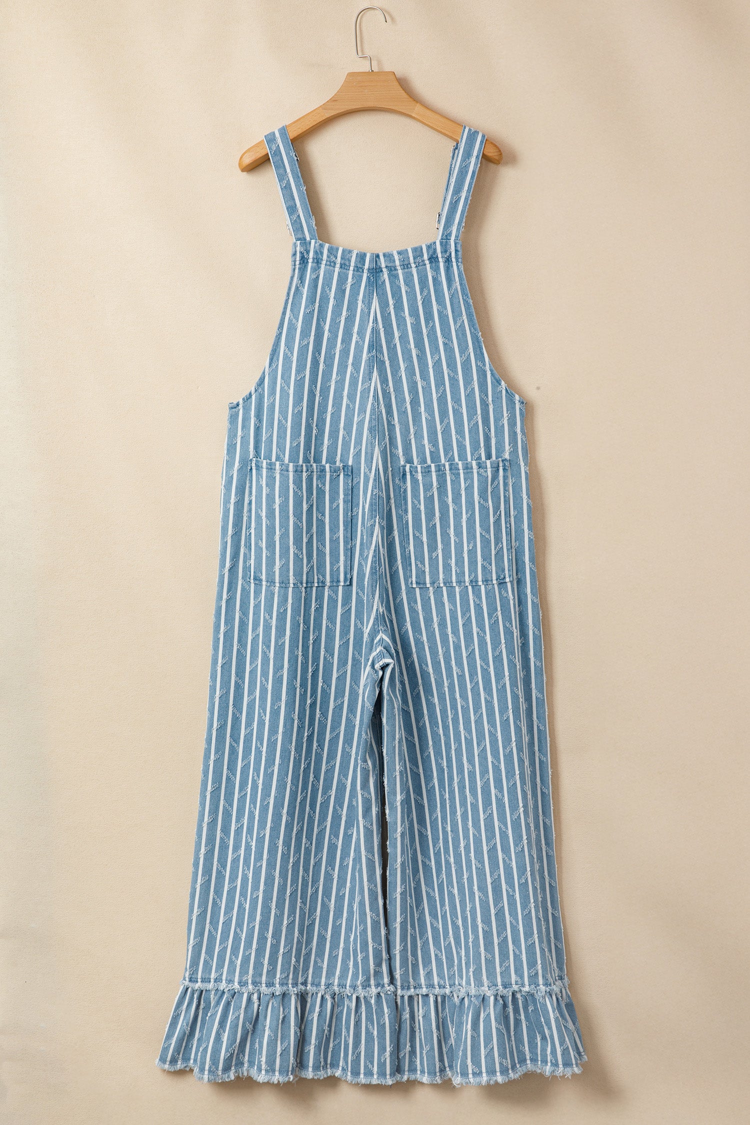 *Myosotis Striped Distressed Ruffled Wide Leg Denim Overalls