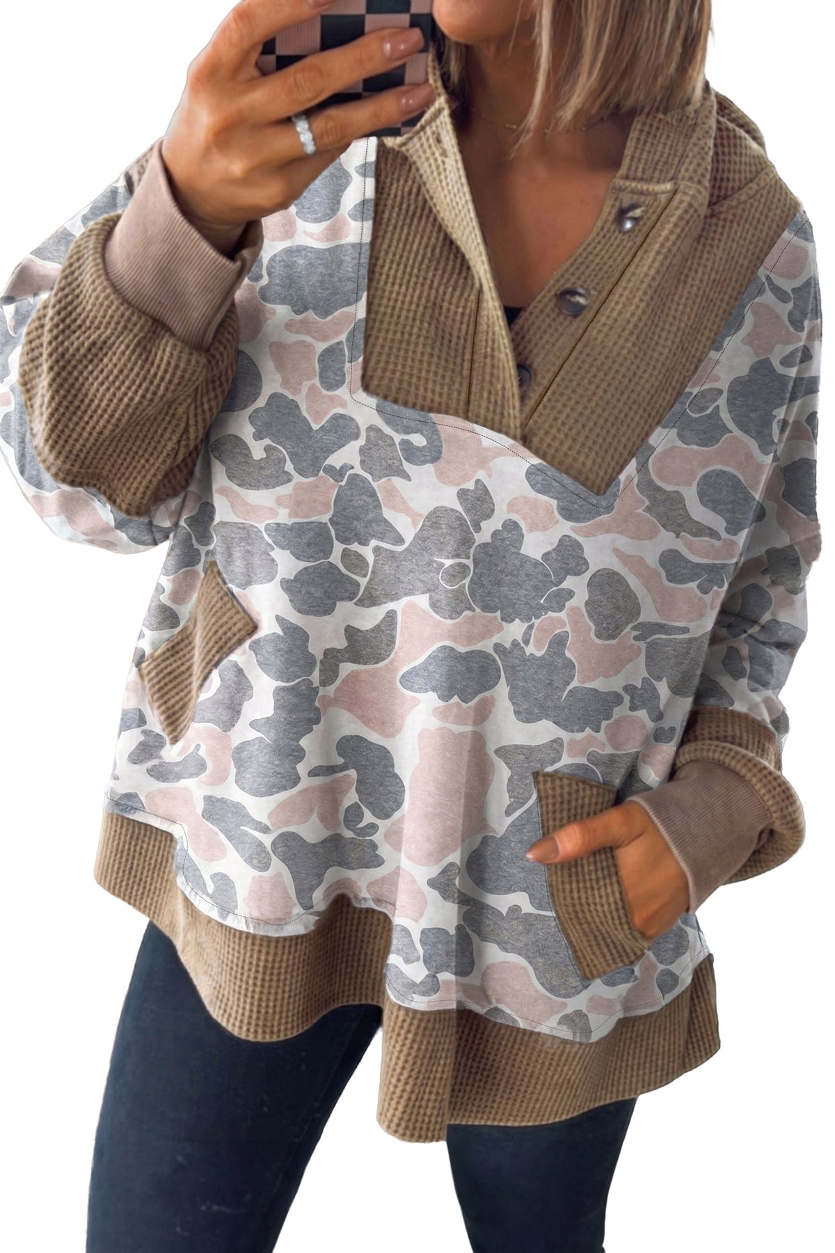 *Khaki Camouflage Print Waffle Knit Patchwork Half Zip Plus Size Hoodie