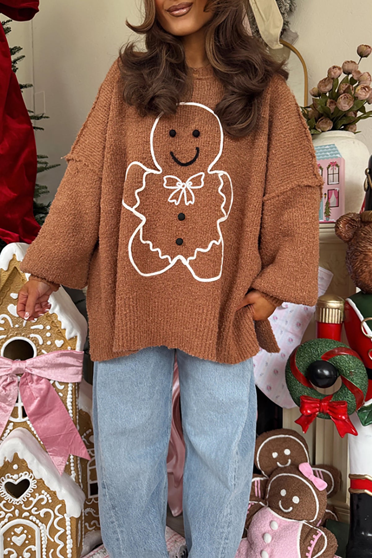 *Brown Oversized Drop Shoulder Round Neck Christmas Sweater