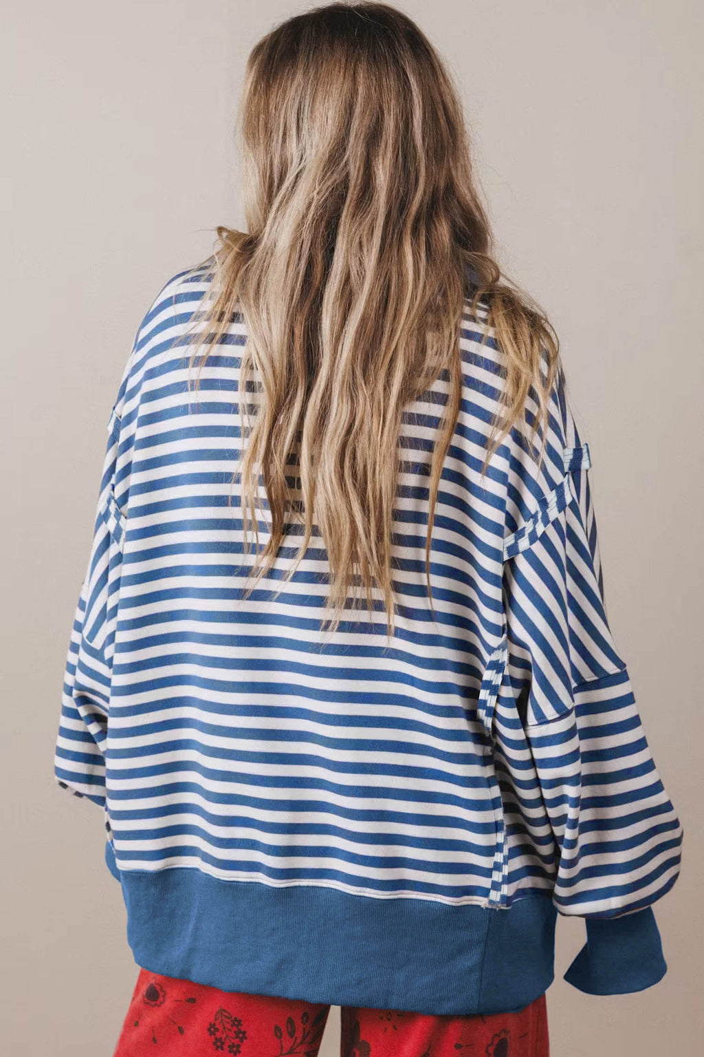 *Brown Stripe Color Block Trim Raw Seam Split Hem Loose Pullover Sweatshirt