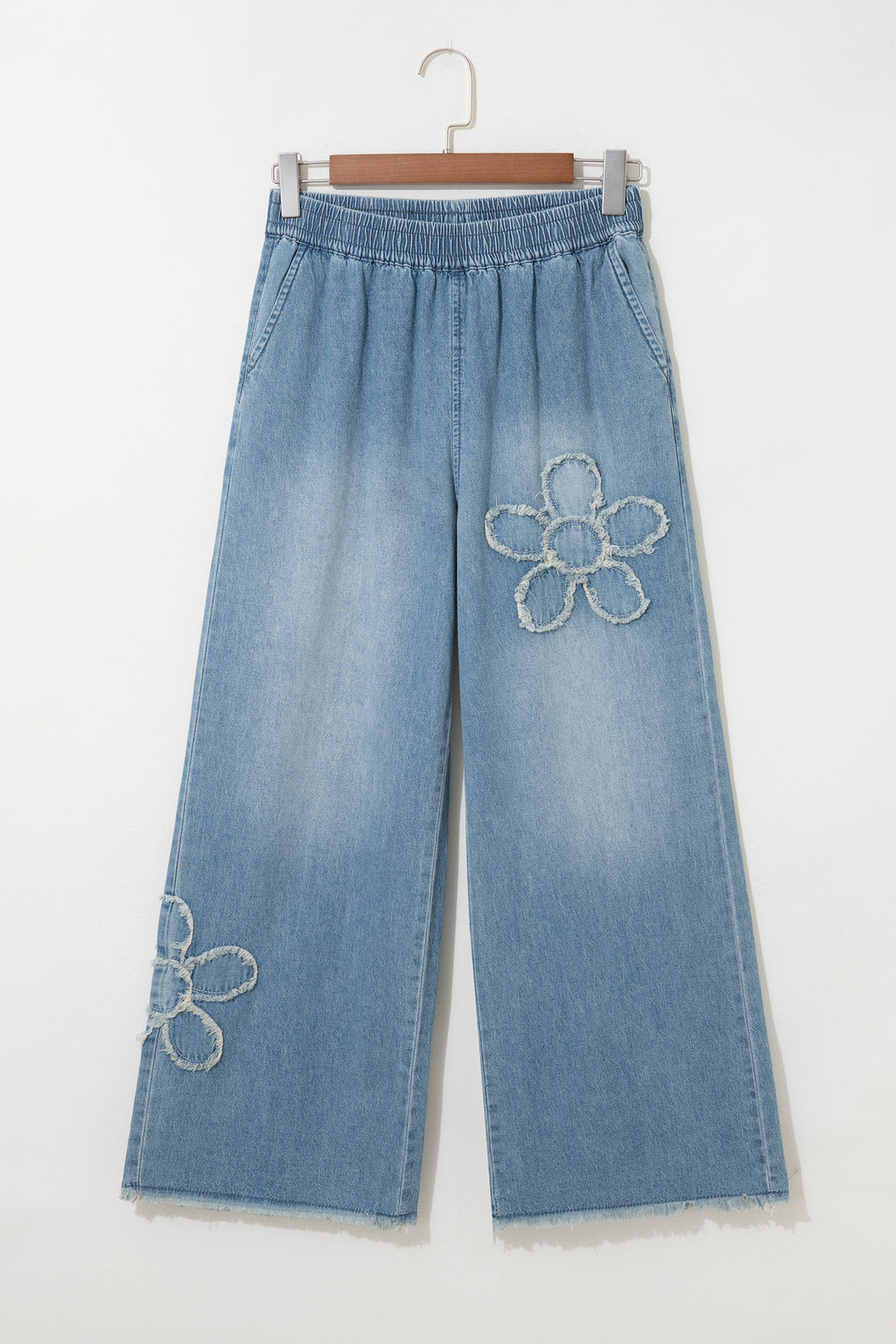 *Beau Blue Frayed Floral Patch Wide Leg Raw Hem Wide Leg Jeans
