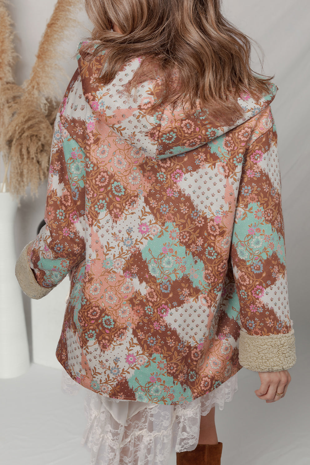 *Khaki Vintage Floral Printed Sherpa Lined Hooded Jacket