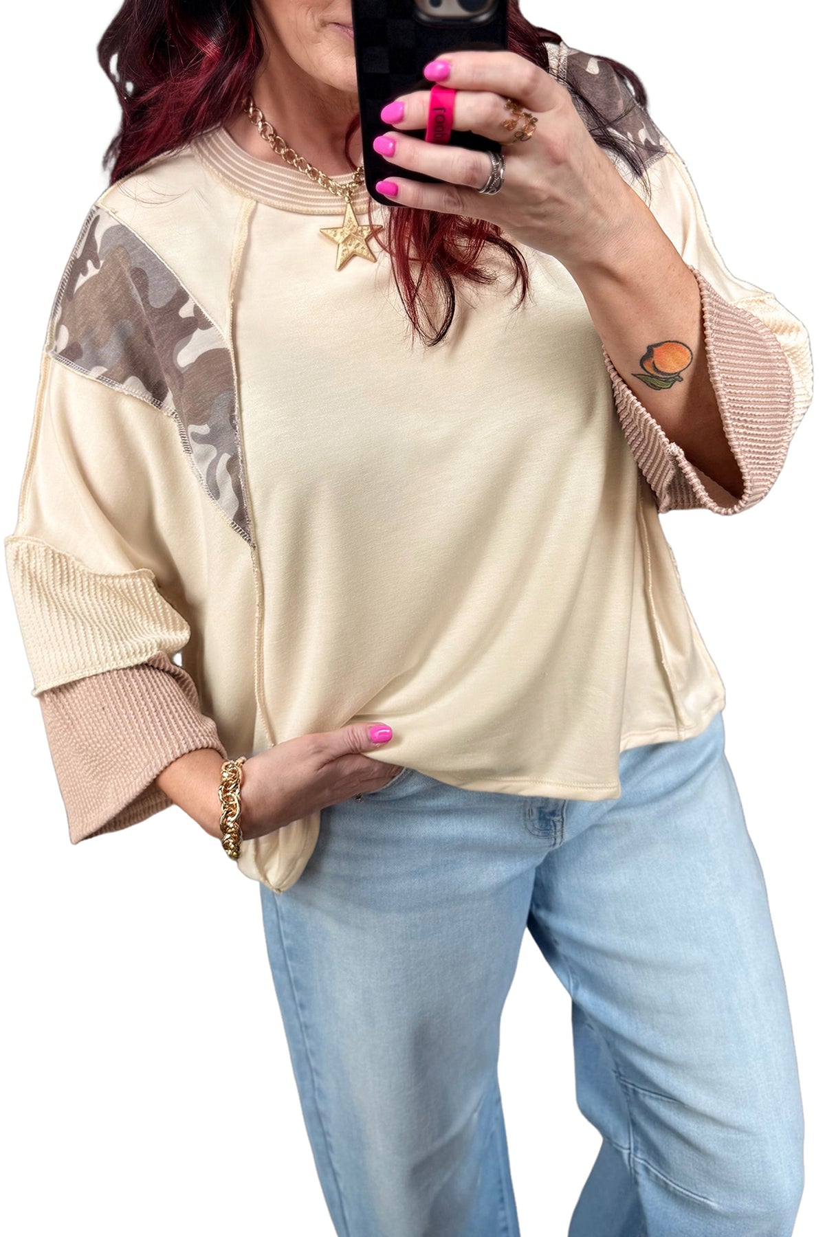 *Beige Camouflage Colorblock Twist Rib Patchwork 3/4 Sleeve Top