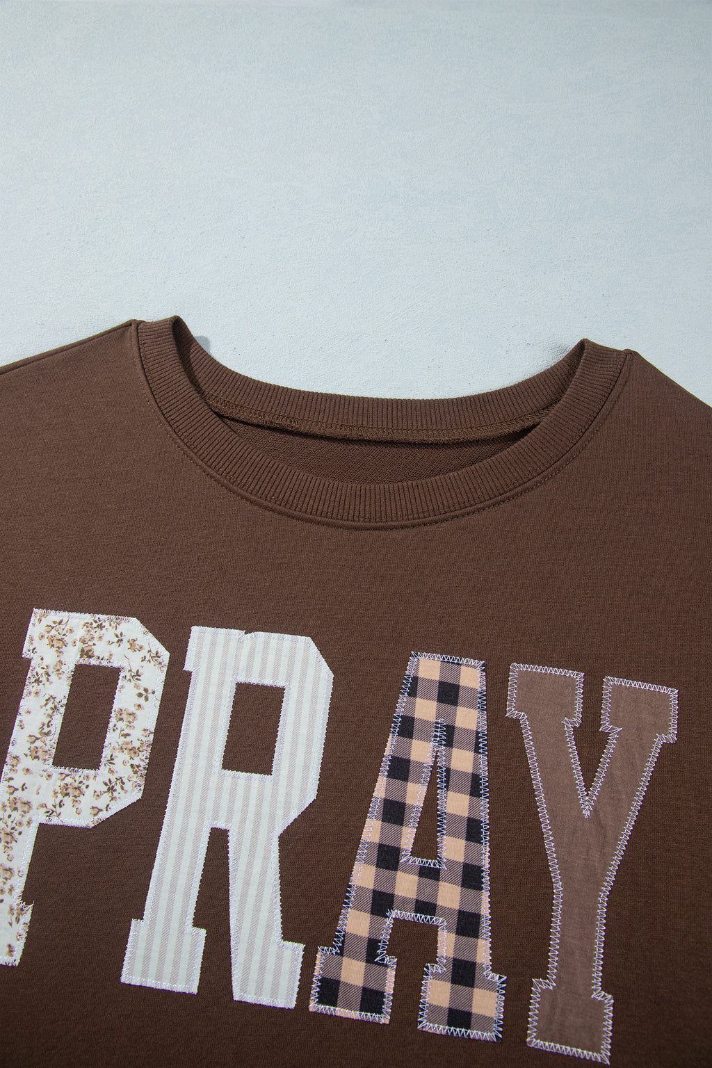 *Coffee PRAY Letter Patchwork Round Neck Long Sleeve Plus Size Sweatshirt