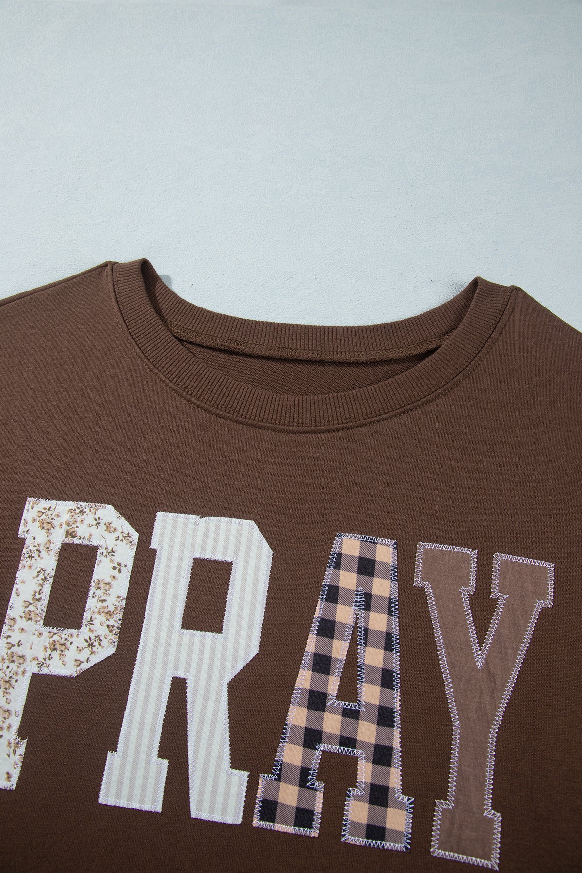 *Coffee PRAY Letter Patchwork Round Neck Long Sleeve Plus Size Sweatshirt