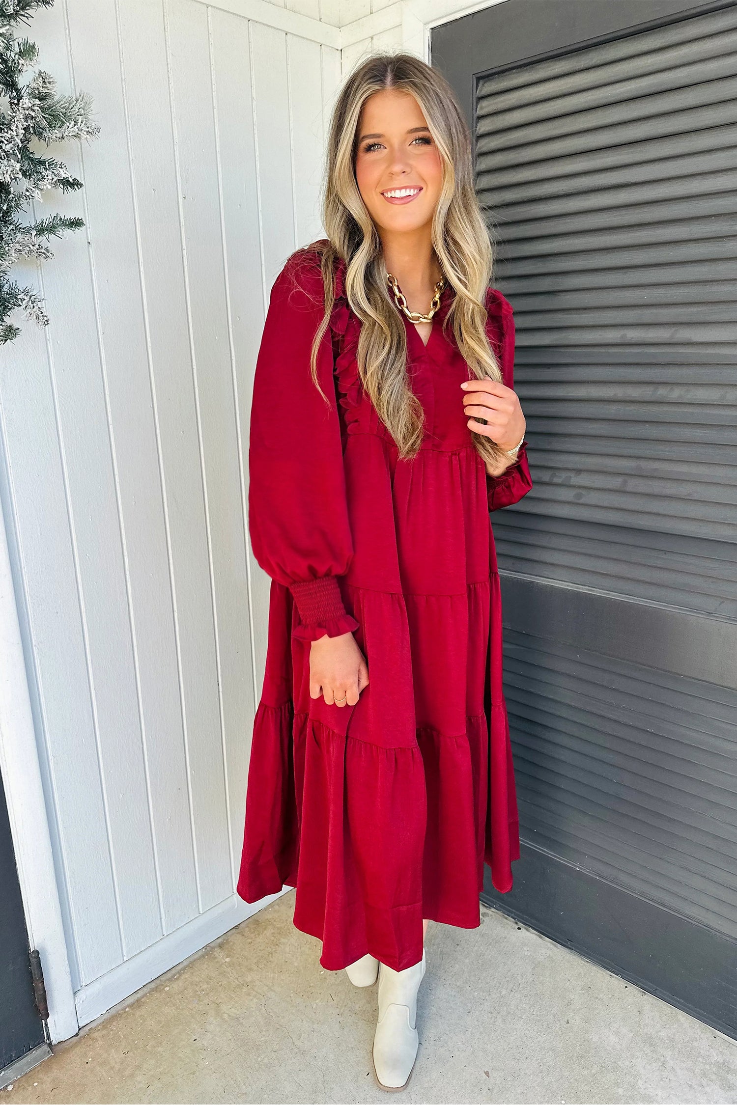 *Racing Red Solid Color Ruffle Trim Long Sleeve Tiered Shift Midi Dress