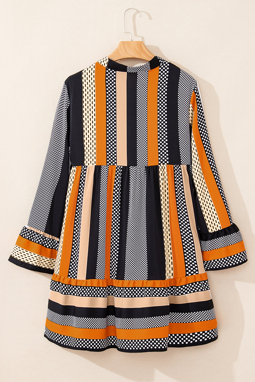 *Black Striped Polka Dot Print Ruffled Hem V Neck Mini Dress