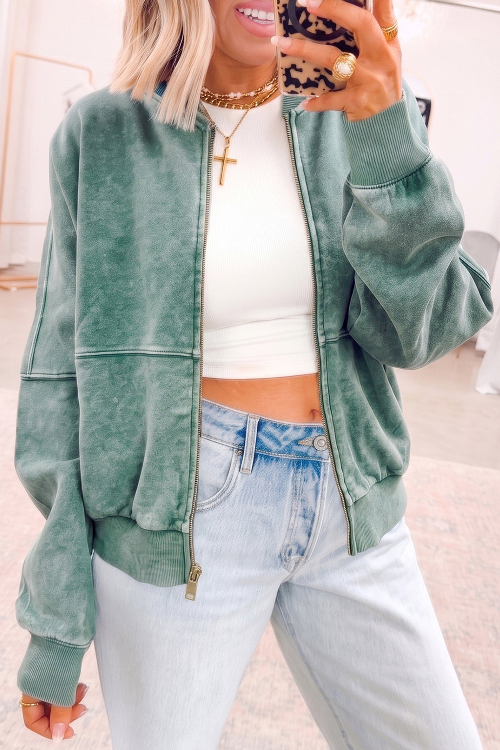 *Evergreen Mineral Washed Zip Open-Front Jacket Style Cotton Sweatshirt