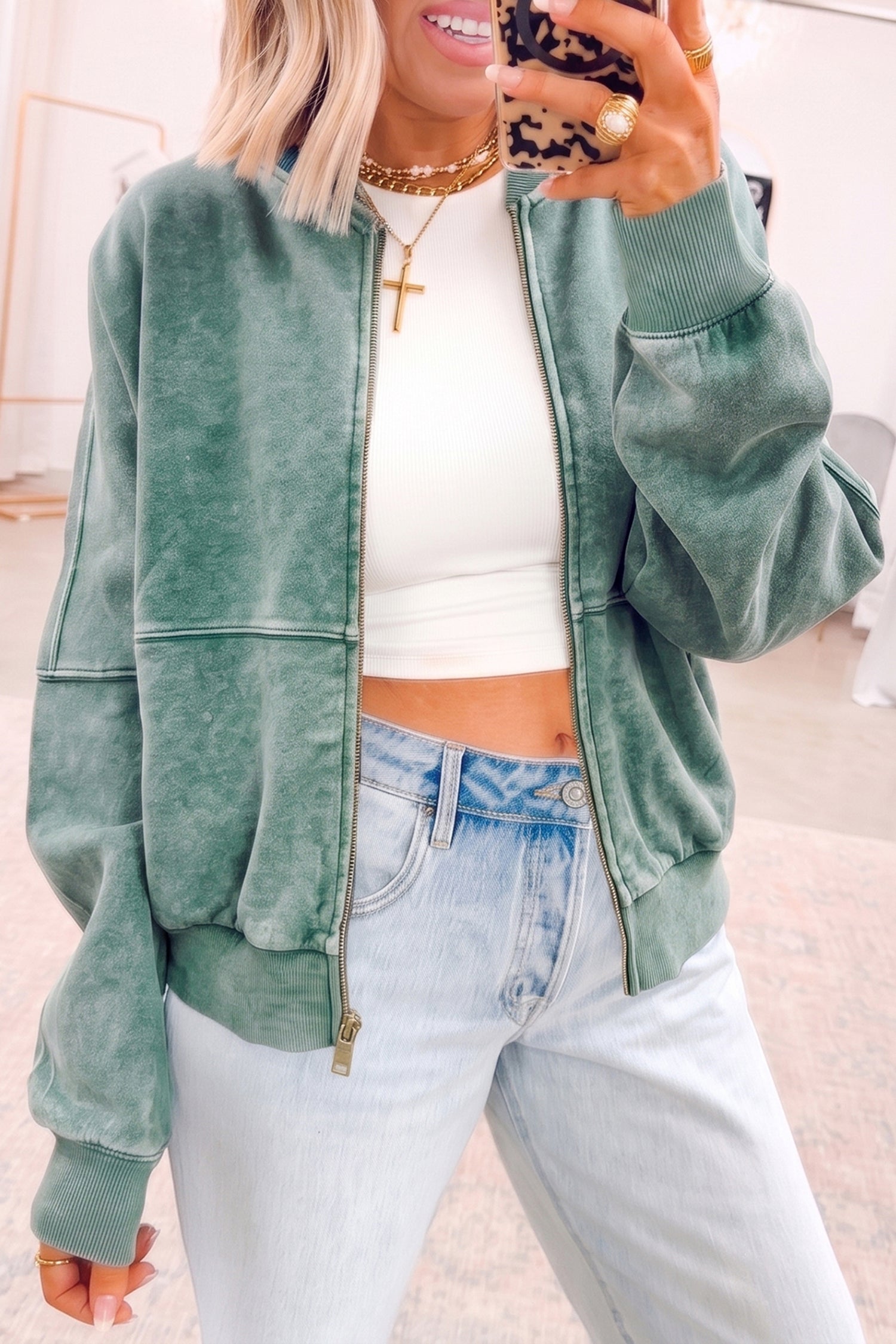 *Evergreen Mineral Washed Zip Open-Front Jacket Style Cotton Sweatshirt
