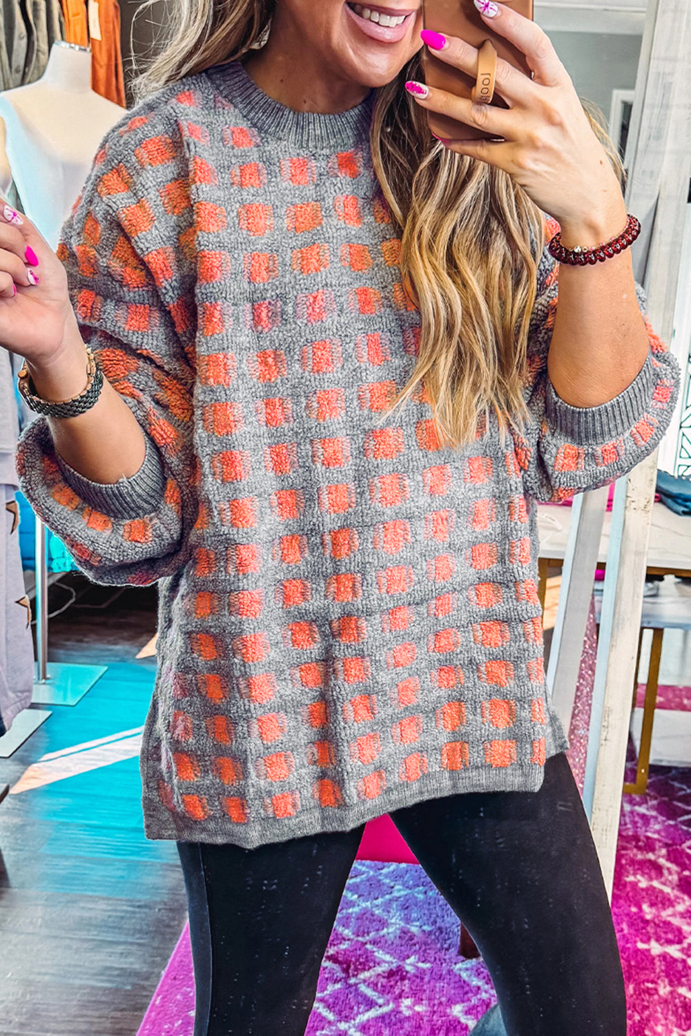 *Pink Checkered Oversized Side Slit Sweater