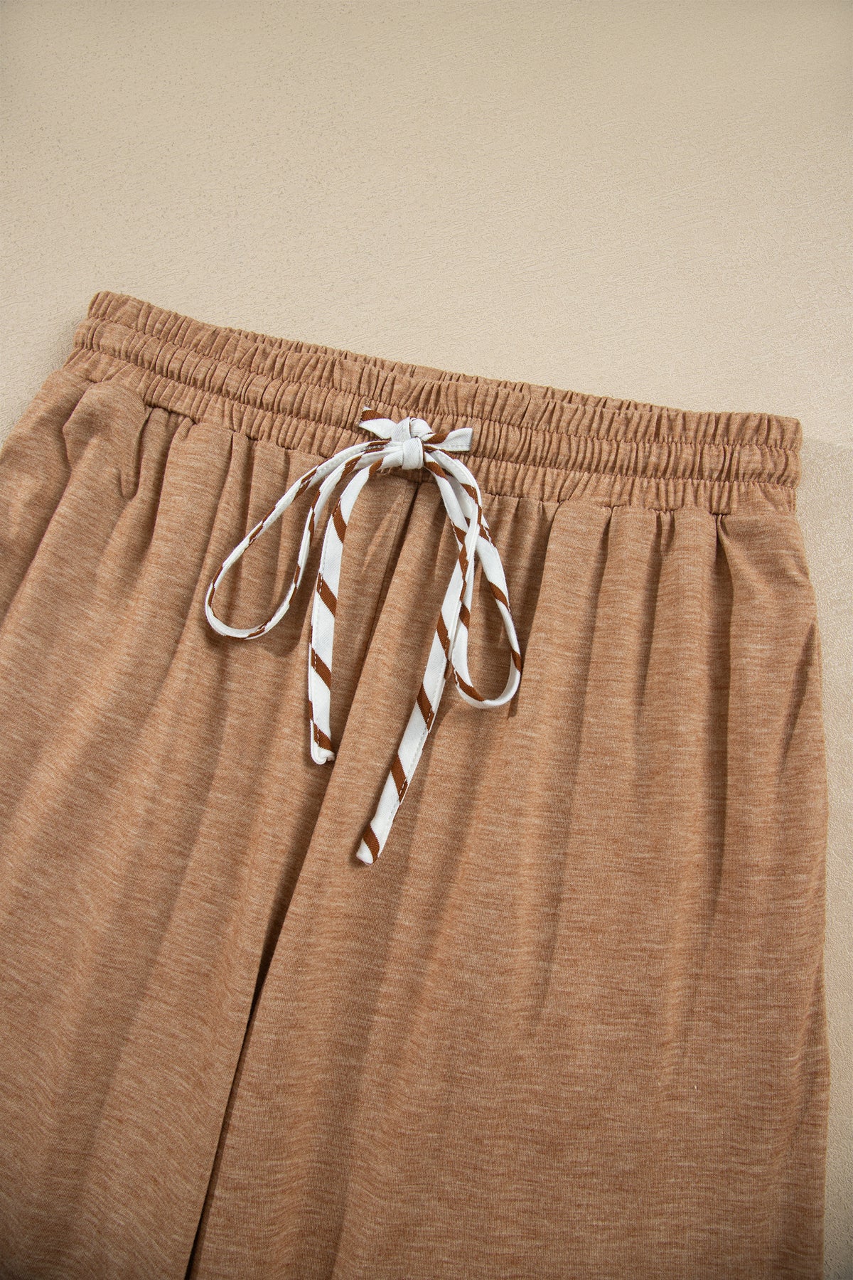 *2 colors Khaki/Gray Stripe V Neck Ruffle Contrast Sleeve Top Drawstring Pants 2pcs Set