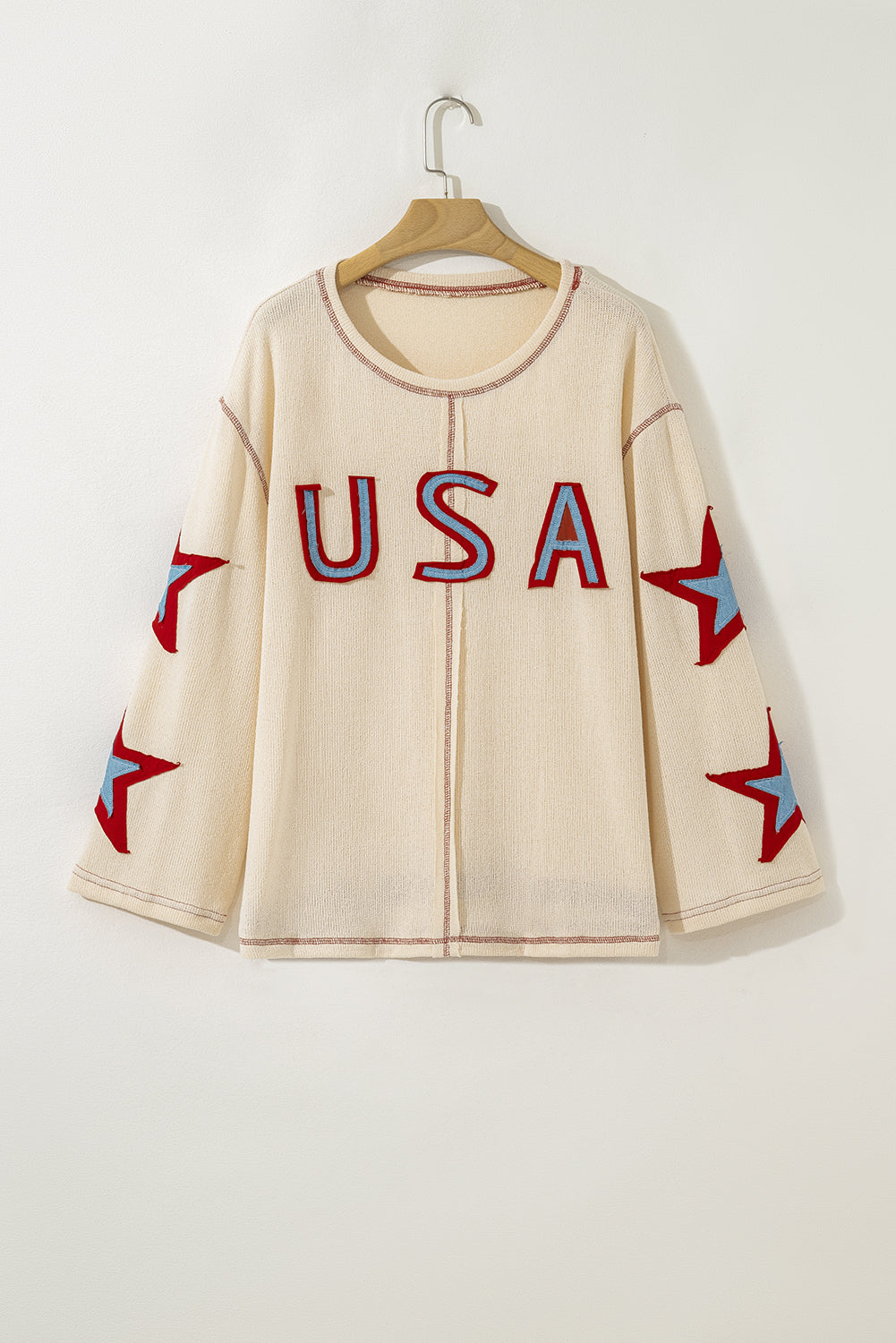 *Beige USA Star Contrast Patchwork Exposed Seam Long Sleeve Top