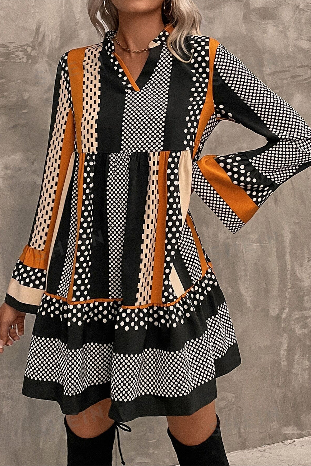 *Black Striped Polka Dot Print Ruffled Hem V Neck Mini Dress