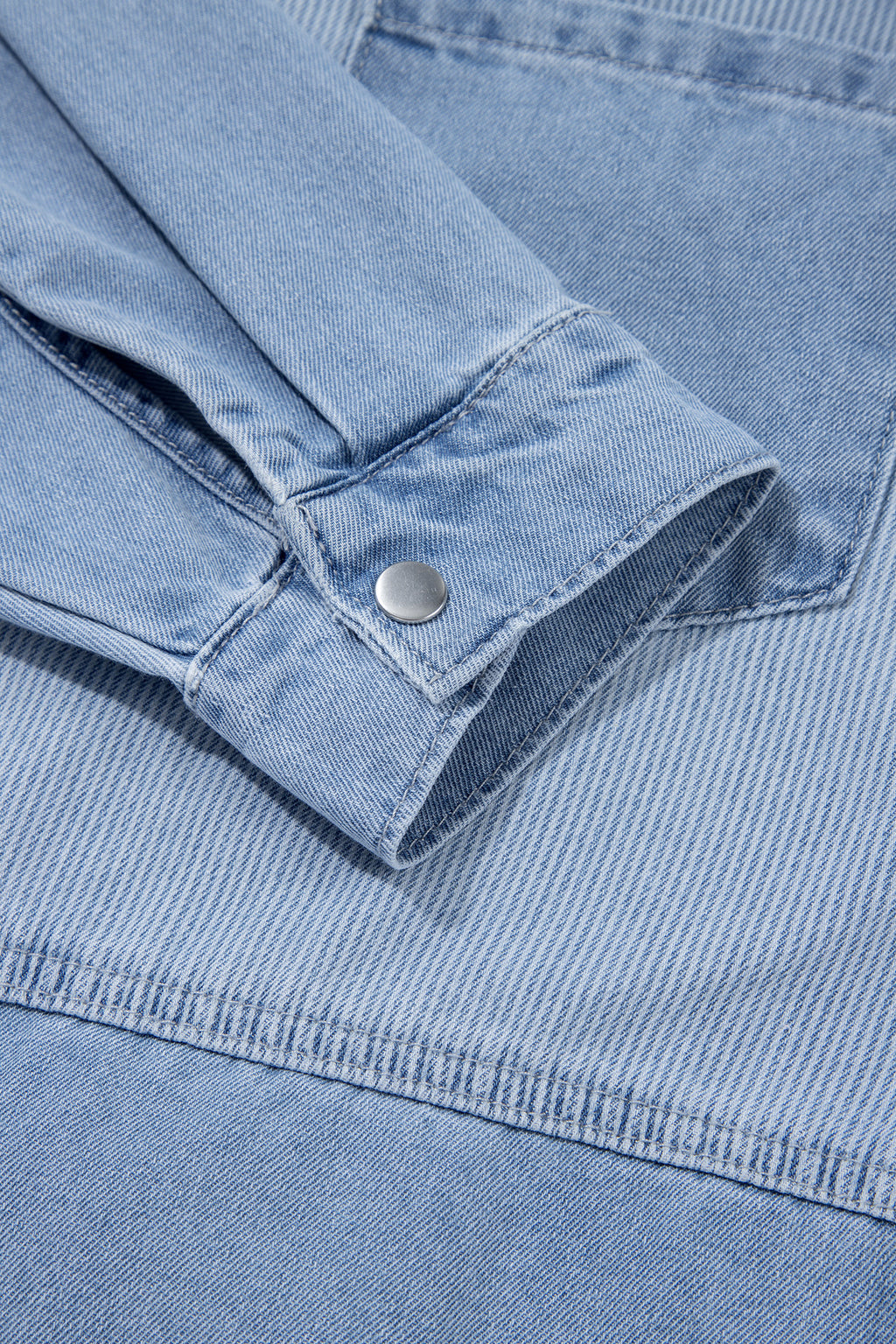 *Beau Blue Lightweight Denim Striped Patchwork Button Down Shacket