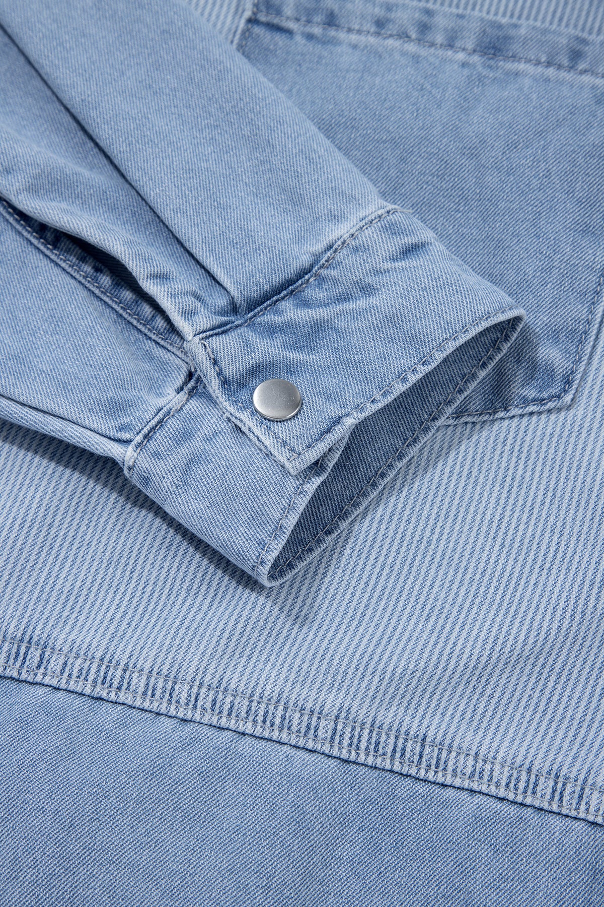 *Beau Blue Lightweight Denim Striped Patchwork Button Down Shacket