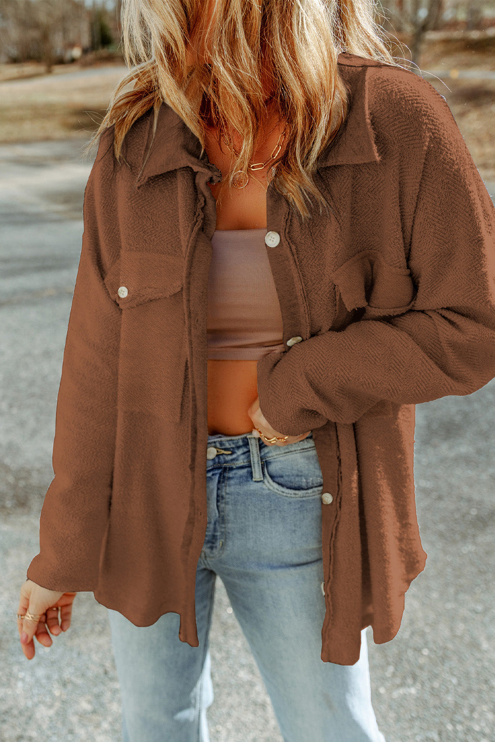 *Brown Exposed Seam Terry Patchwork Shacket