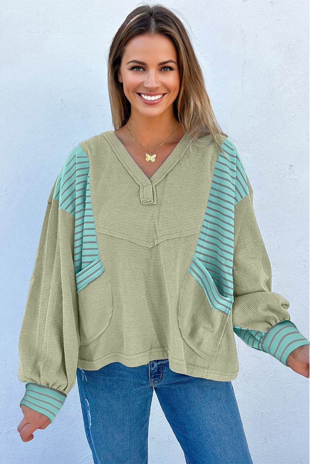 *Dusk Blue Exposed Seam Waffle Striped Patchwork Baggy Pullover